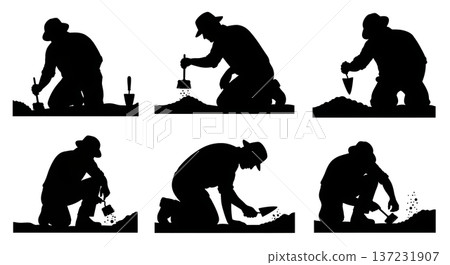 Black Solid Archaeologist Silhouettes Brushing Artifacts Set of Six on White Background Black Solid Archaeologist Silhouettes Brushing Artifacts Set of Six on White Background 137231907