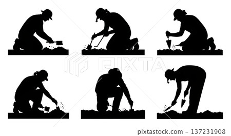 Black Solid Archaeologist Silhouettes Brushing Artifacts Set of Six on White Background Black Solid Archaeologist Silhouettes Brushing Artifacts Set of Six on White Background 137231908