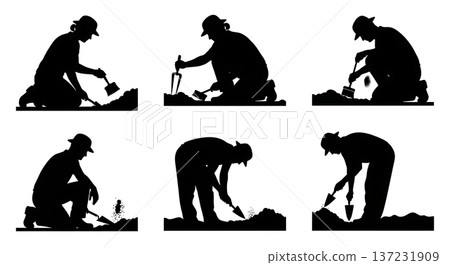 Black Solid Archaeologist Silhouettes Brushing Artifacts Set of Six on White Background Black Solid Archaeologist Silhouettes Brushing Artifacts Set of Six on White Background 137231909