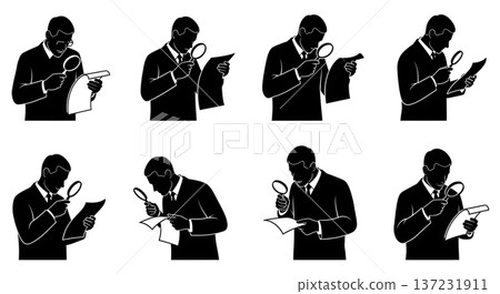 Black Solid Archivists Examining Documents Silhouettes Set of Six on White Background 137231911