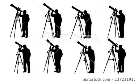 Black Solid Astronomer Telescope View Silhouettes Set of Six on White Background 137231913