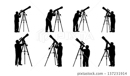 Black Solid Astronomer Telescope View Silhouettes Set of Six on White Background Black Solid Astronomer Telescope View Silhouettes Set of Six on White Background 137231914