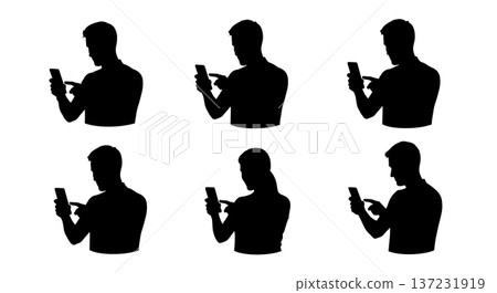 Black Solid App Developer Phone Portrait Silhouettes Set of Six on White Background Black Solid App Developer Phone Portrait Silhouettes Set of Six on White Background 137231919