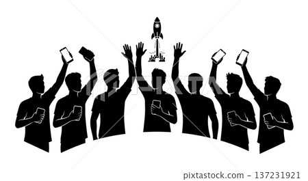 Black Solid App Launch Success Silhouettes Set of Six on White Background 137231921