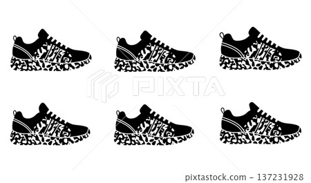 Black Solid Animal Print Style Trainer Silhouettes Set of Six on White Background 137231928
