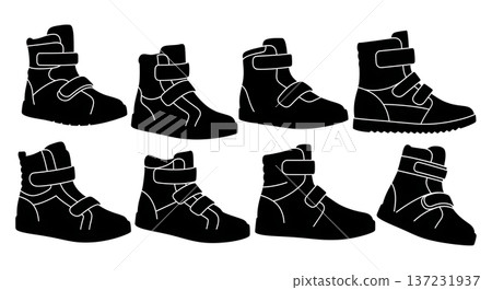 Black Solid Ankle Strap Trainer Silhouettes Set of Six on White Background 137231937