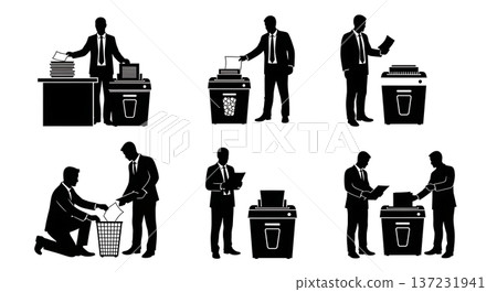 Black Solid Analyst Silhouettes Using Paper Shredder Set of Six on White Background 137231941