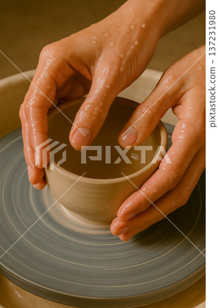 Close-up of hands shaping pottery on a potter's wheel 137231980