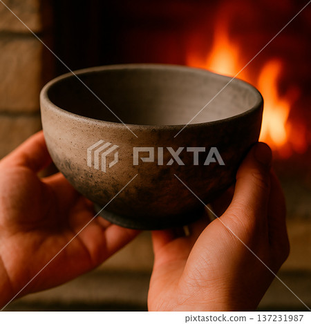 Close-up of a hand holding a fired ceramic vessel in front of the kiln 137231987