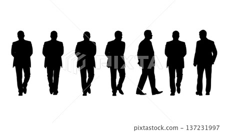 Black Solid Analyst Silhouettes Walking Hands Behind Back Set of Six on White Background Black Solid Analyst Silhouettes Walking Hands Behind Back Set of Six on White Background 137231997