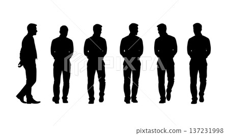 Black Solid Analyst Silhouettes Walking Hands Behind Back Set of Six on White Background 137231998