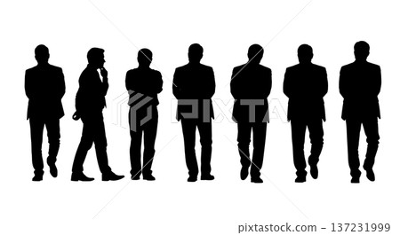 Black Solid Analyst Silhouettes Walking Hands Behind Back Set of Six on White Background 137231999