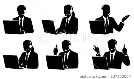 Black Solid Analyst Silhouettes Wearing Headsets Set of Six on White Background 137232004