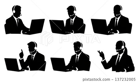 Black Solid Analyst Silhouettes Wearing Headsets Set of Six on White Background 137232005