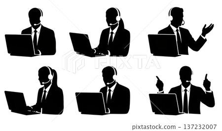 Black Solid Analyst Silhouettes Wearing Headsets Set of Six on White Background 137232007
