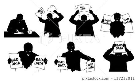 Black Solid Analyst Silhouettes Tearing Paper Frustration Set of Six on White Background 137232011