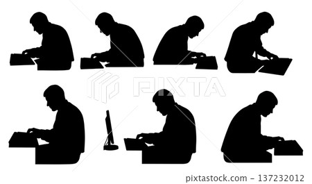 Black Solid Analyst Silhouettes Typing Furiously Set of Six on White Background 137232012