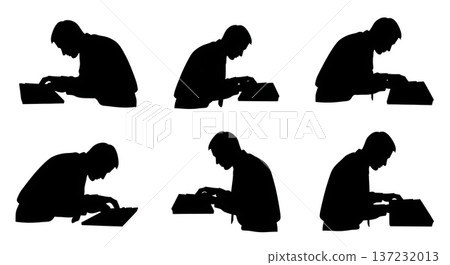 Black Solid Analyst Silhouettes Typing Furiously Set of Six on White Background Black Solid Analyst Silhouettes Typing Furiously Set of Six on White Background 137232013