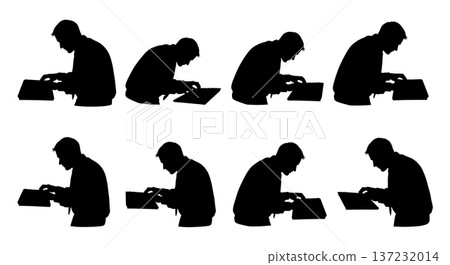 Black Solid Analyst Silhouettes Typing Furiously Set of Six on White Background Black Solid Analyst Silhouettes Typing Furiously Set of Six on White Background 137232014