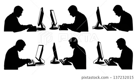 Black Solid Analyst Silhouettes Typing Furiously Set of Six on White Background Black Solid Analyst Silhouettes Typing Furiously Set of Six on White Background 137232015