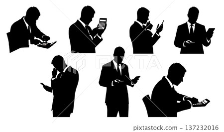 Black Solid Analyst Silhouettes Using Calculators Set of Six on White Background Black Solid Analyst Silhouettes Using Calculators Set of Six on White Background 137232016