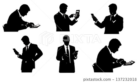 Black Solid Analyst Silhouettes Using Calculators Set of Six on White Background 137232018