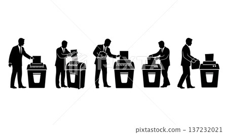 Black Solid Analyst Silhouettes Using Paper Shredder Set of Six on White Background Black Solid Analyst Silhouettes Using Paper Shredder Set of Six on White Background 137232021