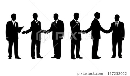 Black Solid Analyst Silhouettes Shaking Hands Deal Set of Six on White Background Black Solid Analyst Silhouettes Shaking Hands Deal Set of Six on White Background 137232022