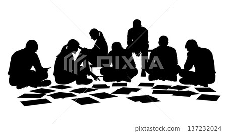 Black Solid Analyst Silhouettes Sitting Floor Papers Set of Six on White Background Black Solid Analyst Silhouettes Sitting Floor Papers Set of Six on White Background 137232024