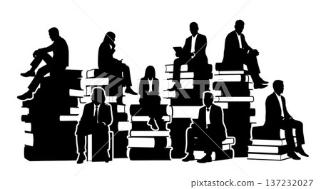 Black Solid Analyst Silhouettes Sitting Stack Books Set of Six on White Background Black Solid Analyst Silhouettes Sitting Stack Books Set of Six on White Background 137232027