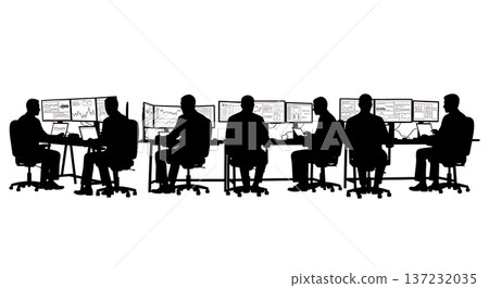 Black Solid Data Analyst Silhouettes Multi Monitor Set of Six on White Background Black Solid Data Analyst Silhouettes Multi Monitor Set of Six on White Background 137232035