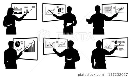 Black Solid Analyst Silhouettes Pointing Whiteboards Set of Six on White Background Black Solid Analyst Silhouettes Pointing Whiteboards Set of Six on White Background 137232037