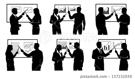 Black Solid Analyst Silhouettes Pointing Whiteboards Set of Six on White Background 137232039