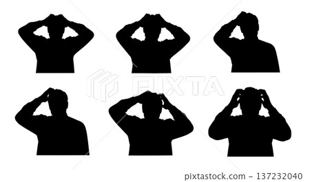Black Solid Analyst Silhouettes Scratching Head Confused Set of Six on White Background Black Solid Analyst Silhouettes Scratching Head Confused Set of Six on White Background 137232040