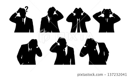 Black Solid Analyst Silhouettes Scratching Head Confused Set of Six on White Background Black Solid Analyst Silhouettes Scratching Head Confused Set of Six on White Background 137232041