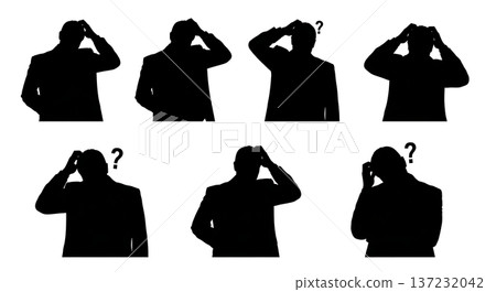 Black Solid Analyst Silhouettes Scratching Head Confused Set of Six on White Background 137232042