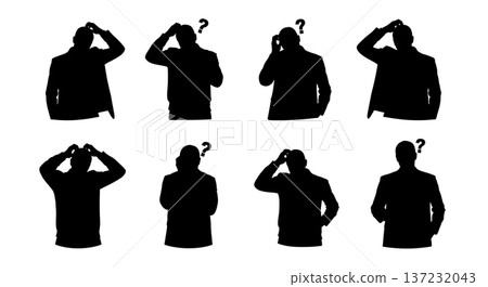 Black Solid Analyst Silhouettes Scratching Head Confused Set of Six on White Background 137232043