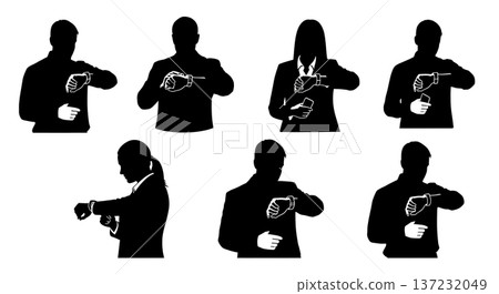Black Solid Analyst Silhouettes Looking Wristwatches Set of Six on White Background 137232049
