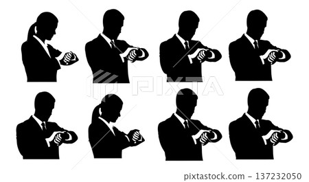 Black Solid Analyst Silhouettes Looking Wristwatches Set of Six on White Background 137232050