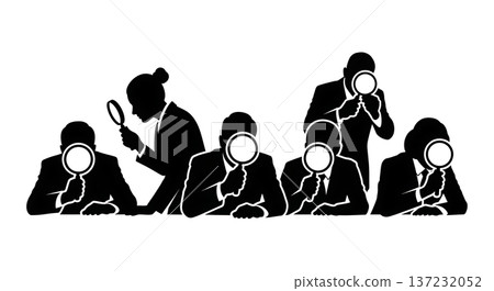 Black Solid Analyst Silhouettes Magnifying Glass Search Set of Six on White Background 137232052