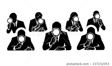 Black Solid Analyst Silhouettes Magnifying Glass Search Set of Six on White Background Black Solid Analyst Silhouettes Magnifying Glass Search Set of Six on White Background 137232053