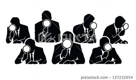 Black Solid Analyst Silhouettes Magnifying Glass Search Set of Six on White Background 137232054