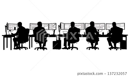 Black Solid Data Analyst Silhouettes Multi Monitor Set of Six on White Background Black Solid Data Analyst Silhouettes Multi Monitor Set of Six on White Background 137232057