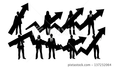 Black Solid Analyst Silhouettes Holding Upward Arrows Set of Six on White Background 137232064