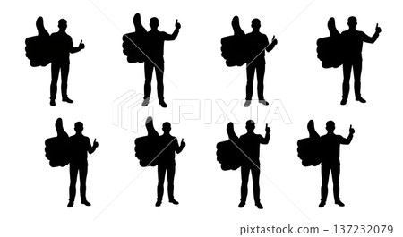 Black Solid Analyst Silhouettes Holding Thumb Up Set of Six on White Background 137232079