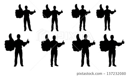Black Solid Analyst Silhouettes Holding Thumb Up Set of Six on White Background 137232080