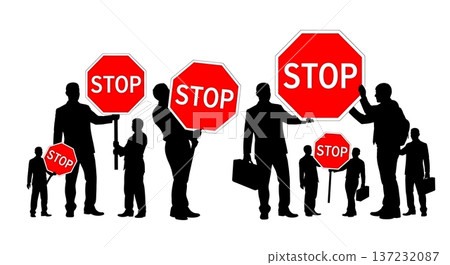 Black Solid Analyst Silhouettes Holding Stop Sign Set of Six on White Background 137232087