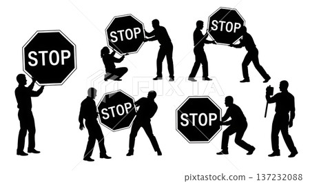 Black Solid Analyst Silhouettes Holding Stop Sign Set of Six on White Background 137232088