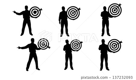 Black Solid Analyst Silhouettes Holding Target Bullseye Set of Six on White Background Black Solid Analyst Silhouettes Holding Target Bullseye Set of Six on White Background 137232093