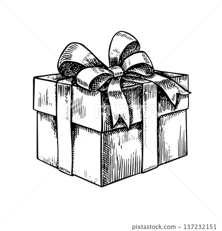 Gift box with a white bow. Black and white graphics, hand-drawn vector illustration. Gift for Christmas, birthday, wedding and other holidays. Perfect for postcards, posters, packaging and more. Gift box with a white bow. Black and white graphics, hand-drawn vector illustration. Gift for Christmas, birthday, wedding and other holidays. Perfect for postcards, posters, packaging and more. 137232151